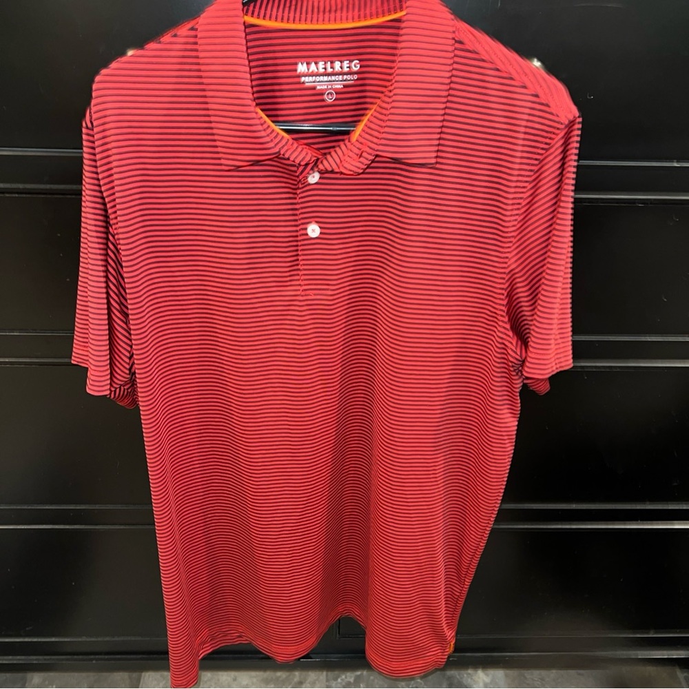 Maelreg Men’s Performance Polo‎ Large Red Black Striped Golf Sports